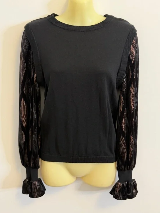 Current Air Black Long-Sleeve Top with Sheer Patterned Sleeves - Picture 1 of 8